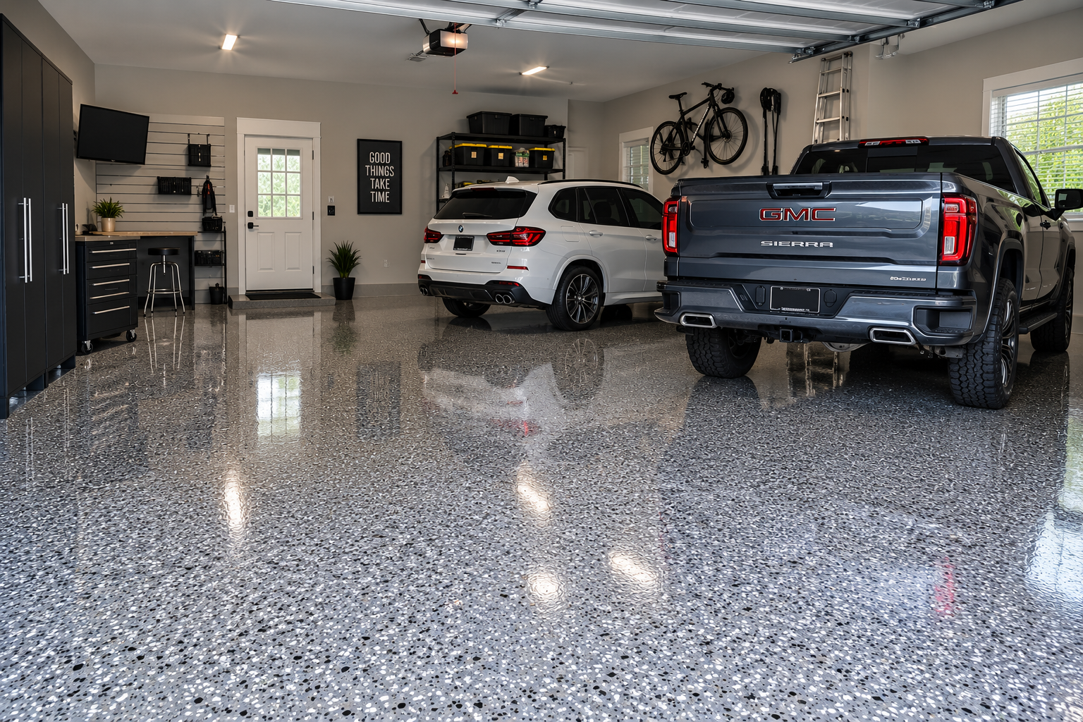 Decorative flake polyaspartic floor coating in Lafayette LA