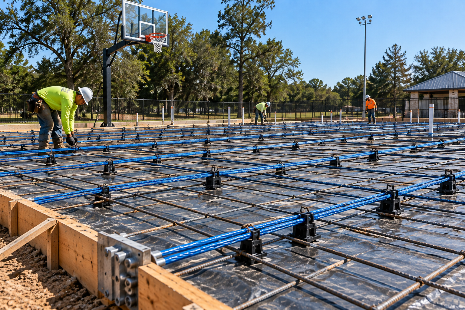 Post-tension concrete basketball and sport court installation
