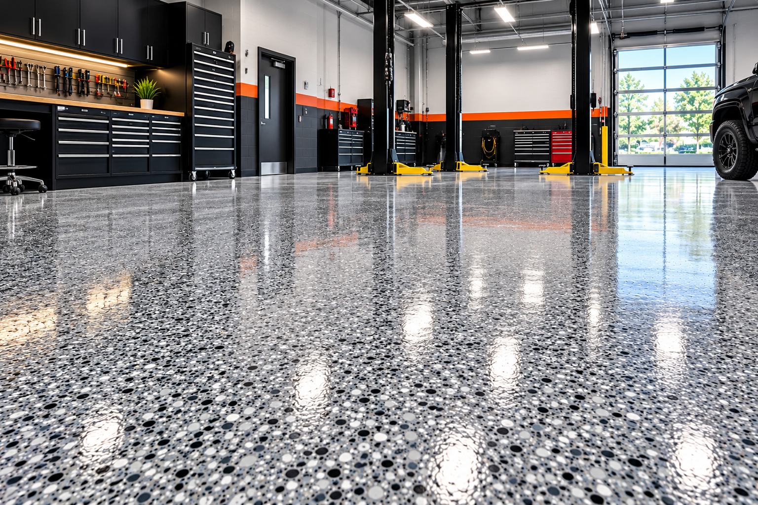 Decorative commercial flake concrete floor coating