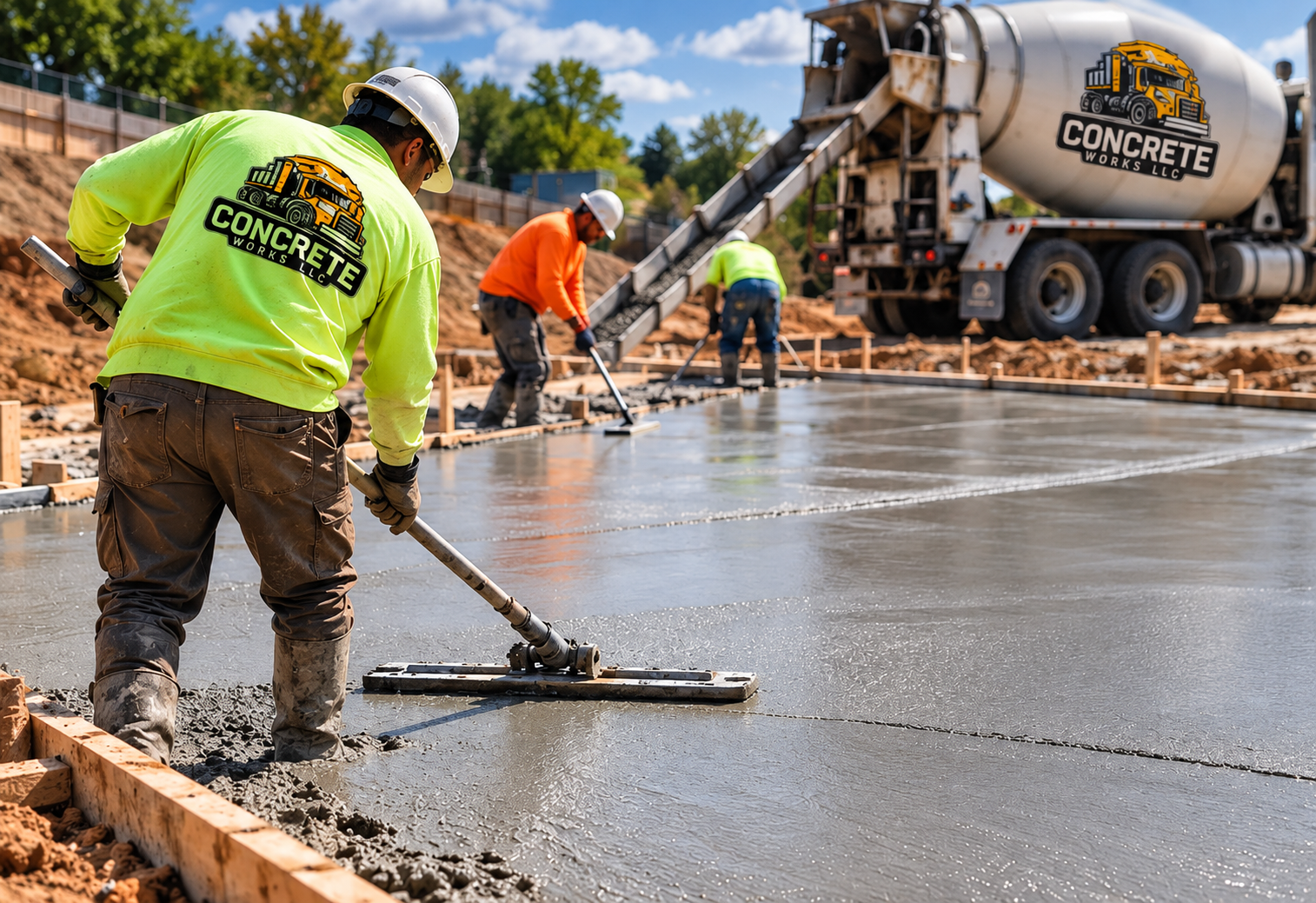 Concrete contractors pouring and finishing concrete