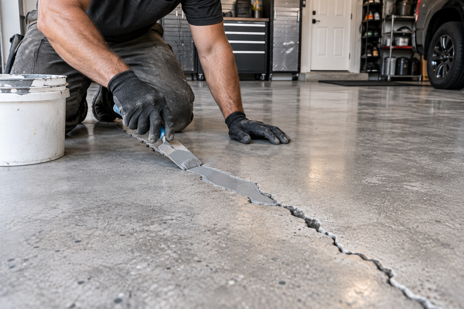 Garage concrete floor crack repair before coating