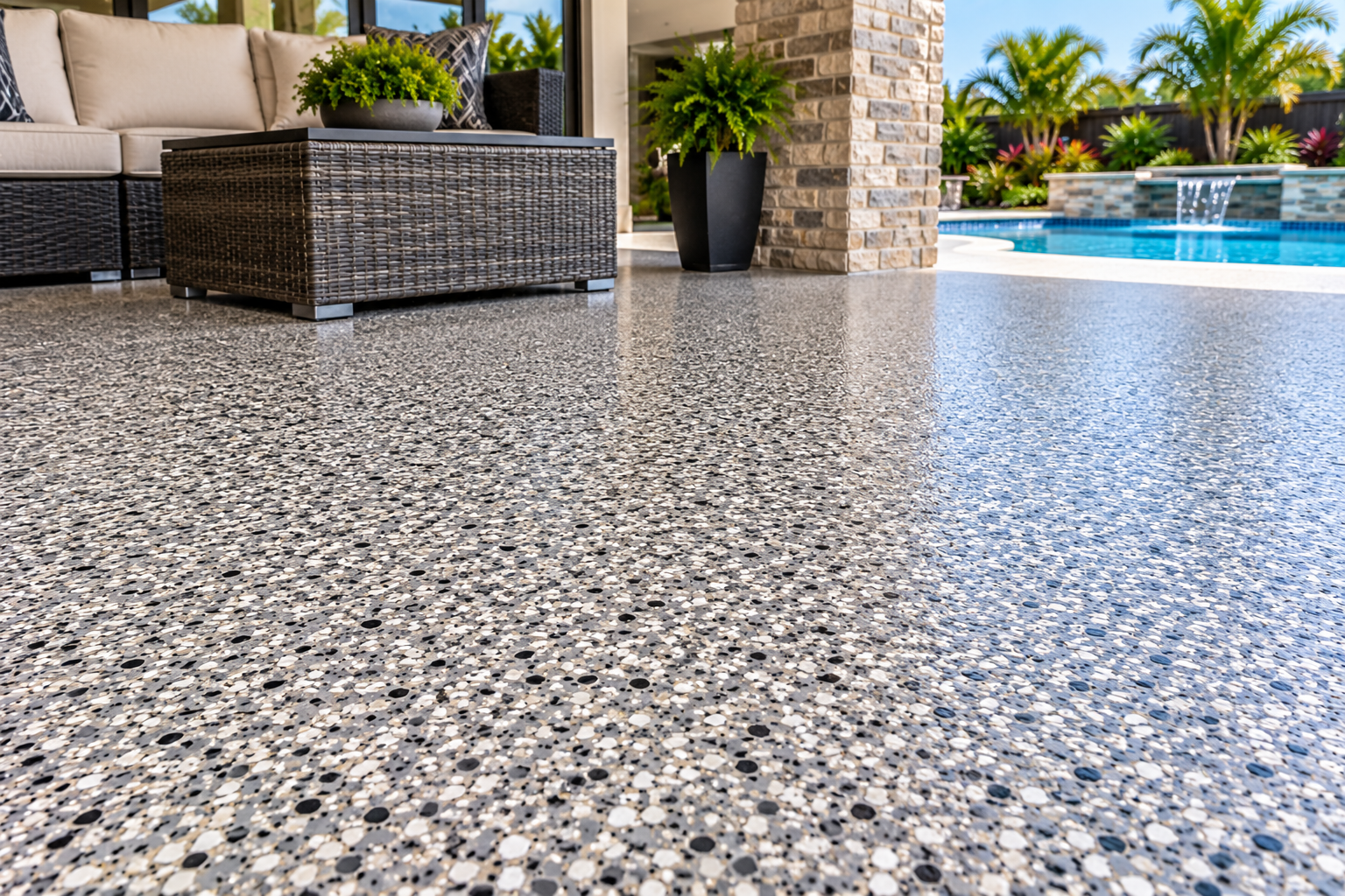 Decorative flake patio and pool deck coating