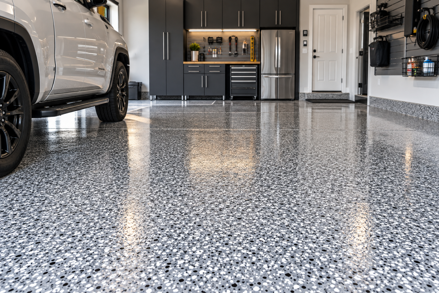 Decorative flake garage floor coating finish