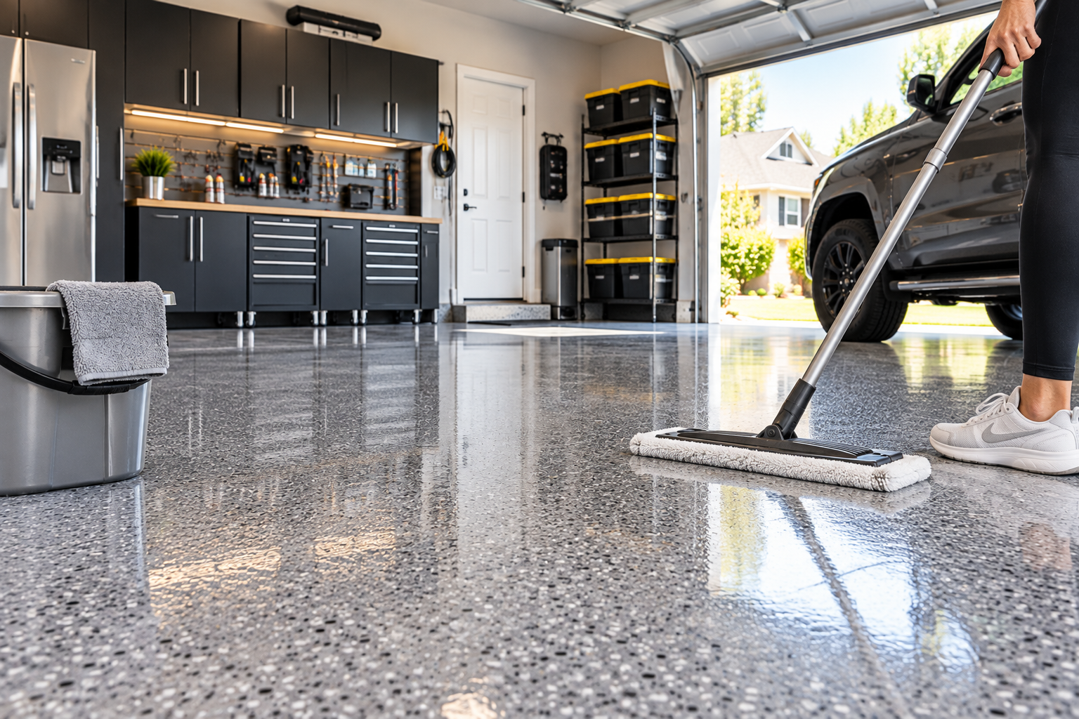 Easy to clean coated residential garage floor