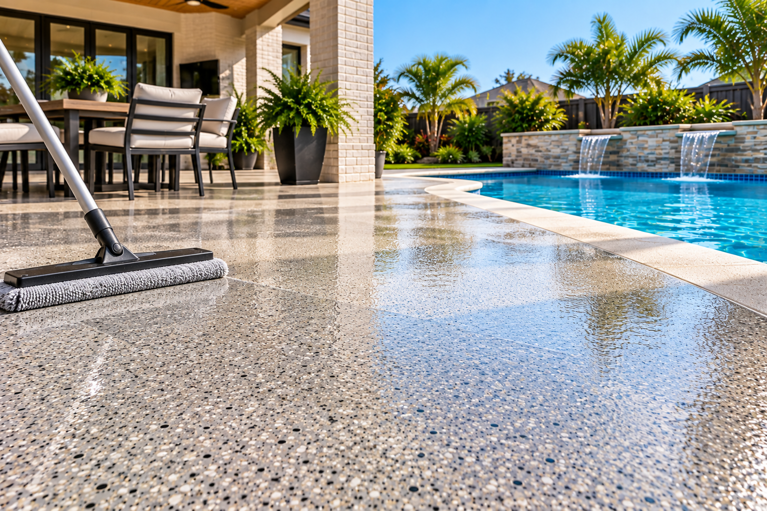 Easy to maintain coated outdoor concrete patio