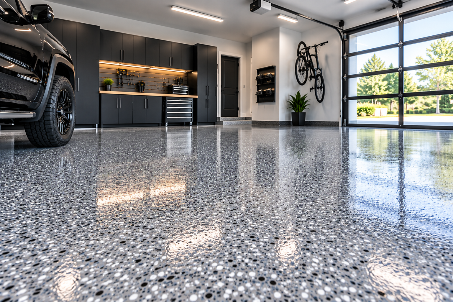 Decorative flake epoxy floor coating