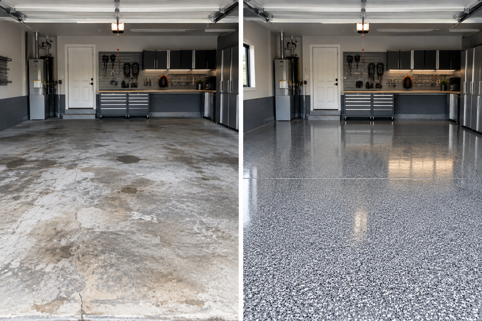 Old garage concrete floor restored with professional coating