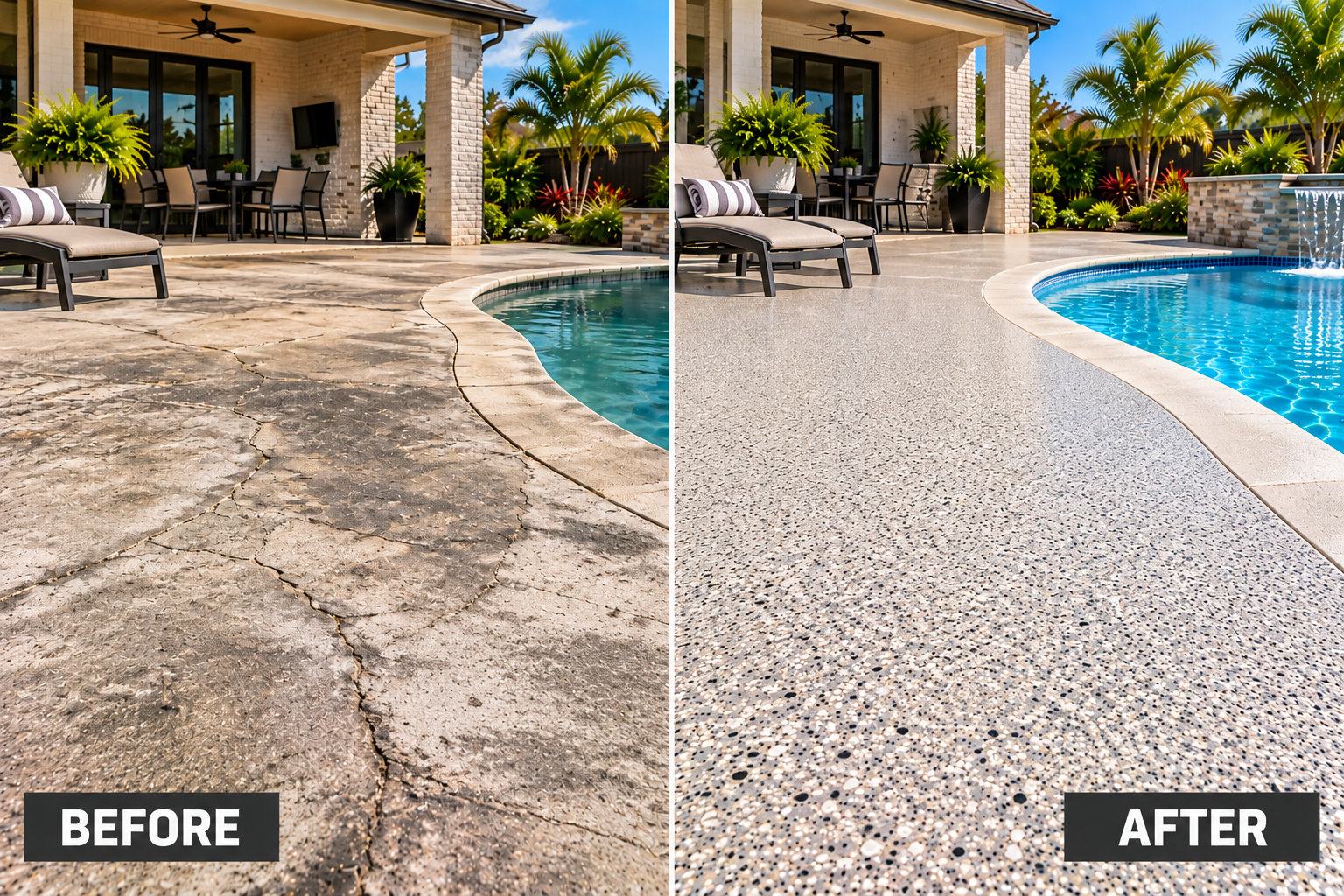 Old patio and pool deck concrete restored with coating