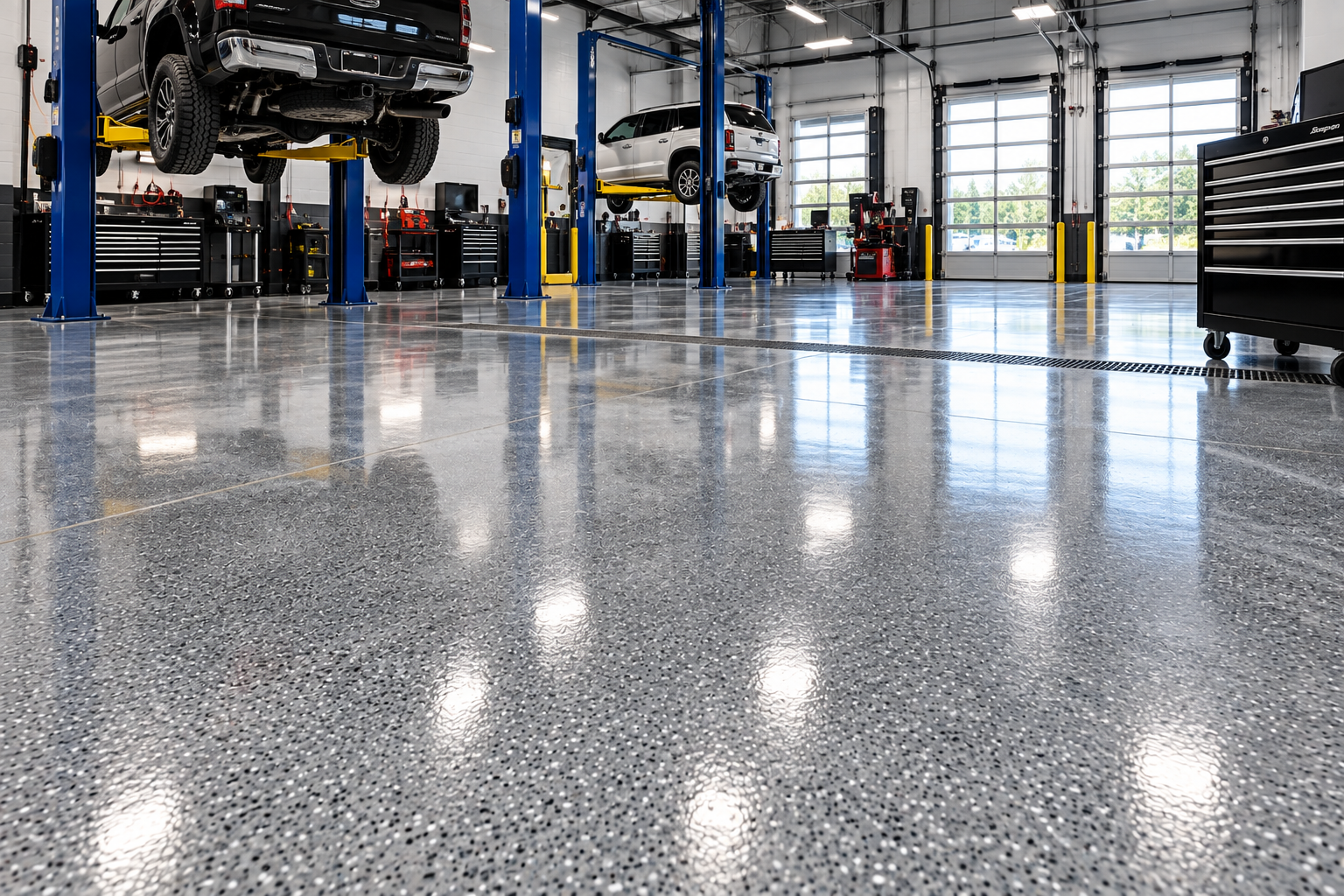 Commercial shop and service bay concrete floor coating