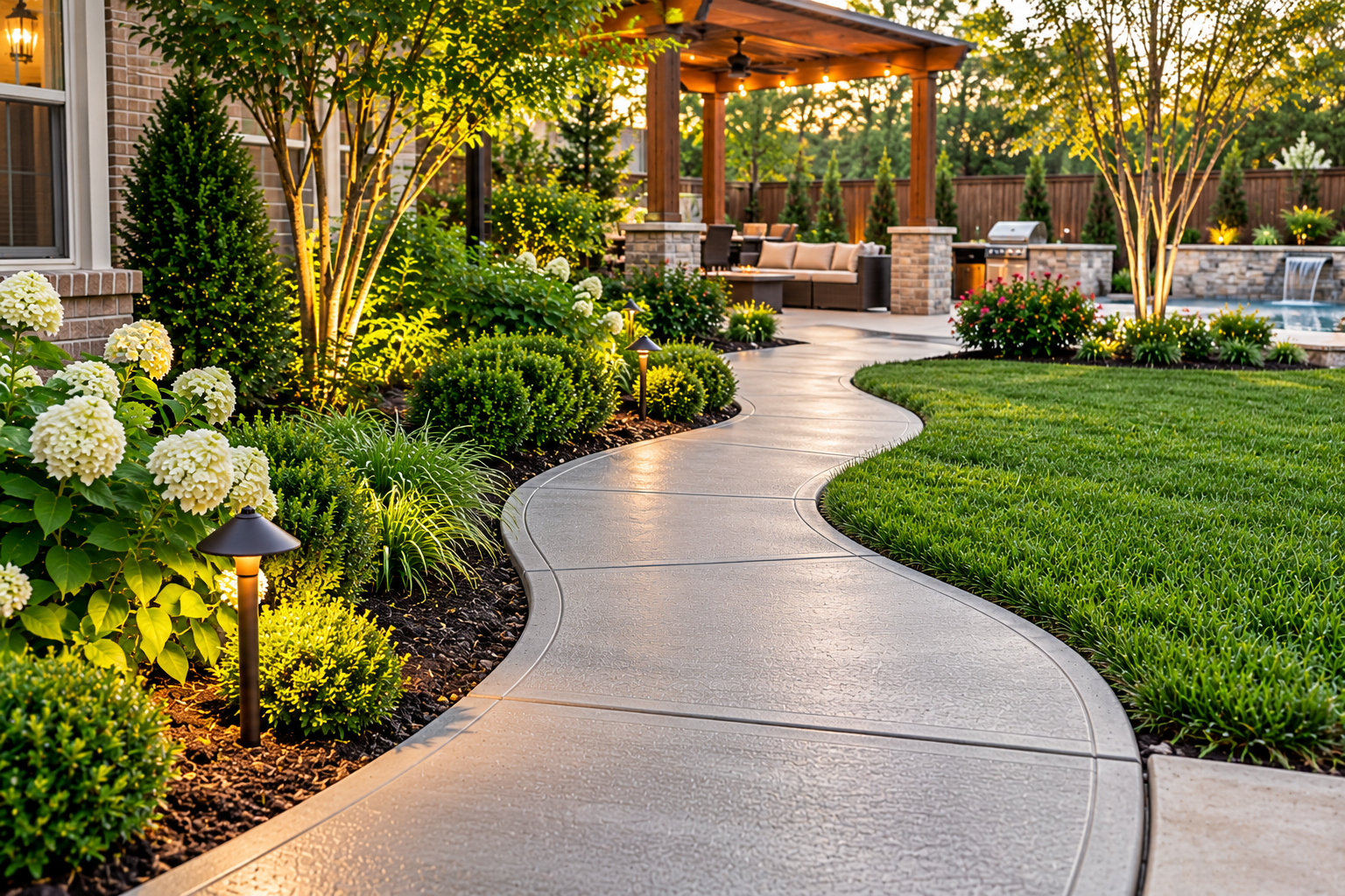 Concrete garden and backyard walkway installation
