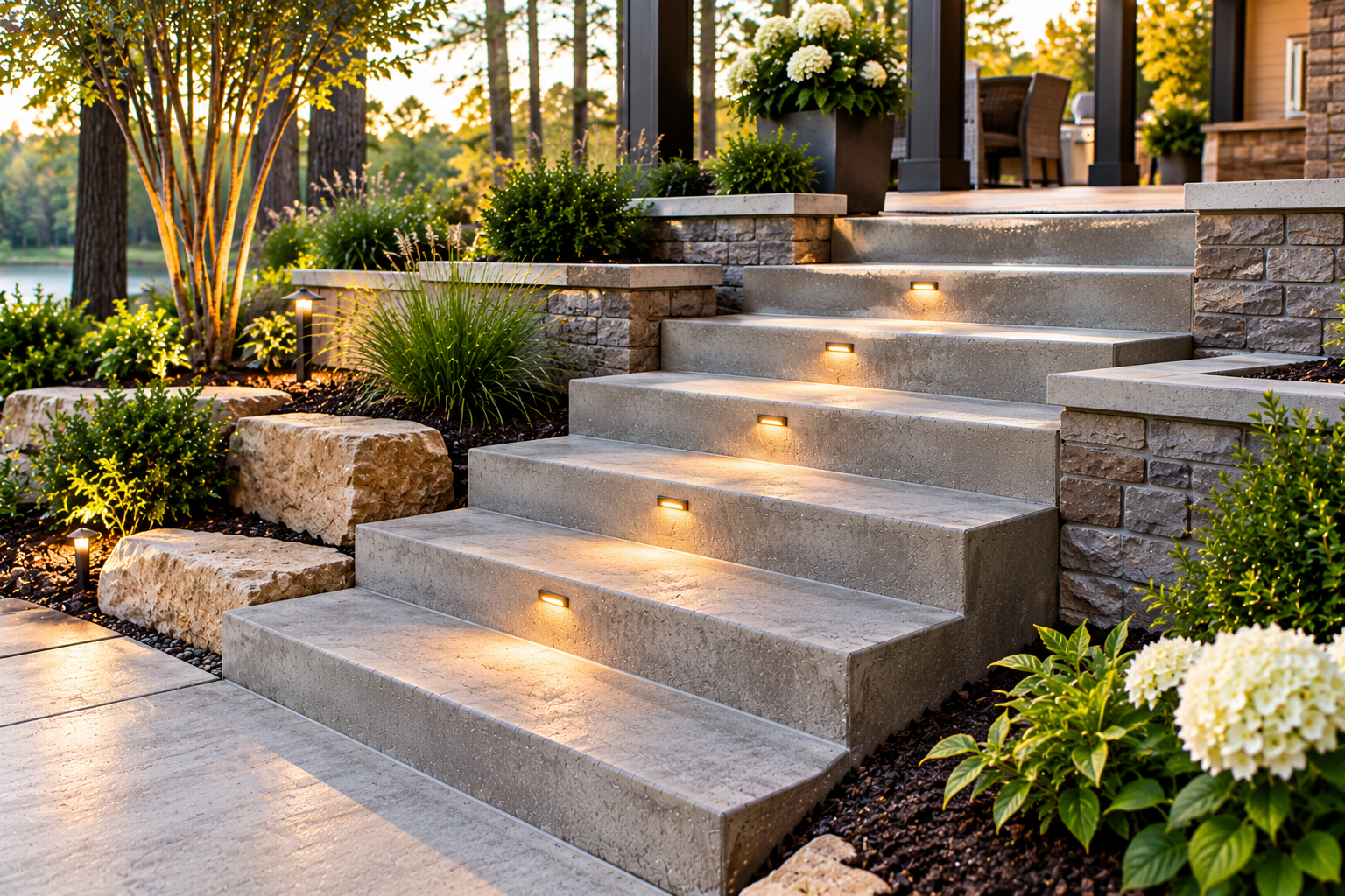 Outdoor concrete stairs and backyard steps installation