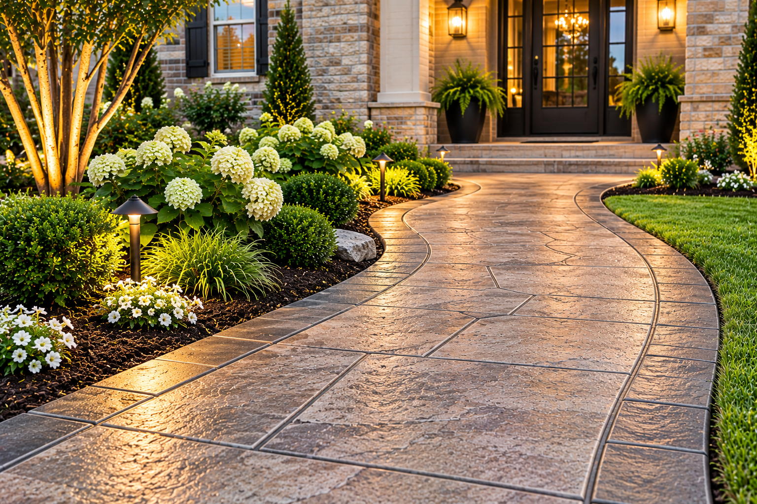 Decorative stamped concrete walkway with custom finish