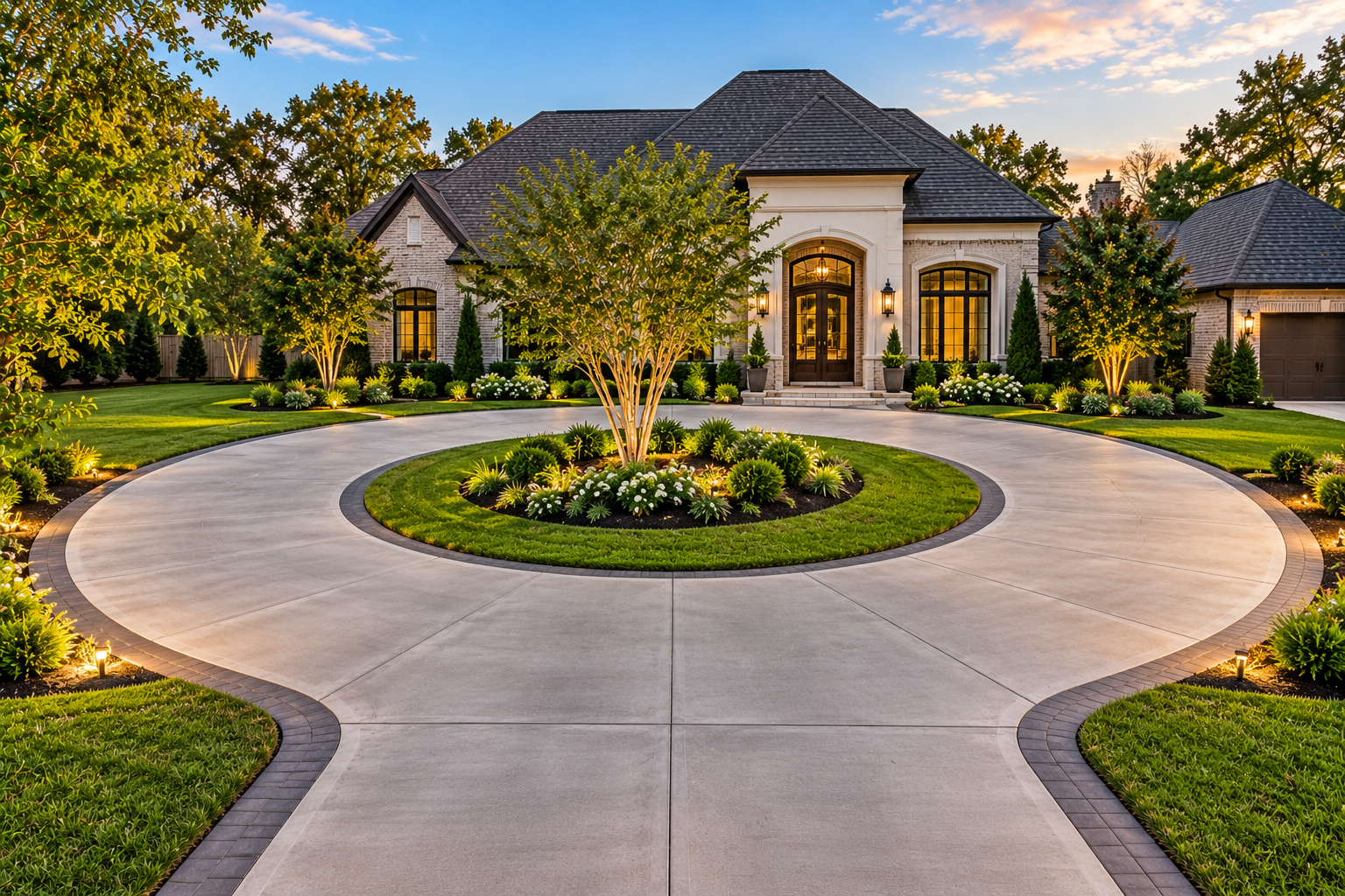 Custom semicircular concrete driveway design and layout