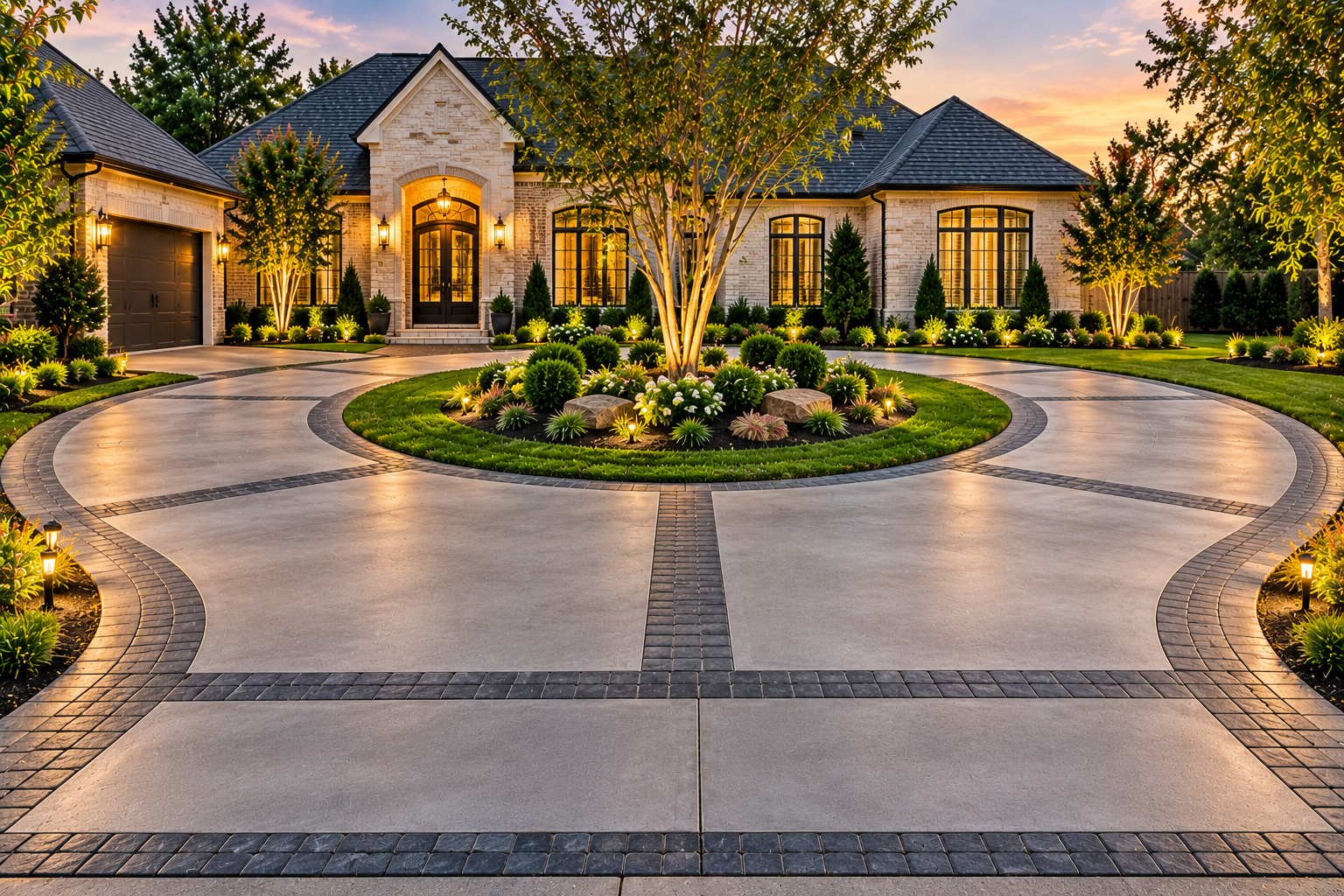 Decorative half circle concrete driveway with custom finish