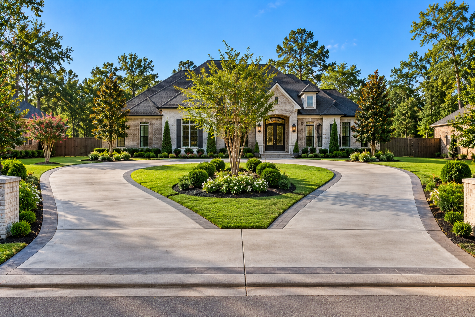 Horseshoe shaped concrete driveway installation