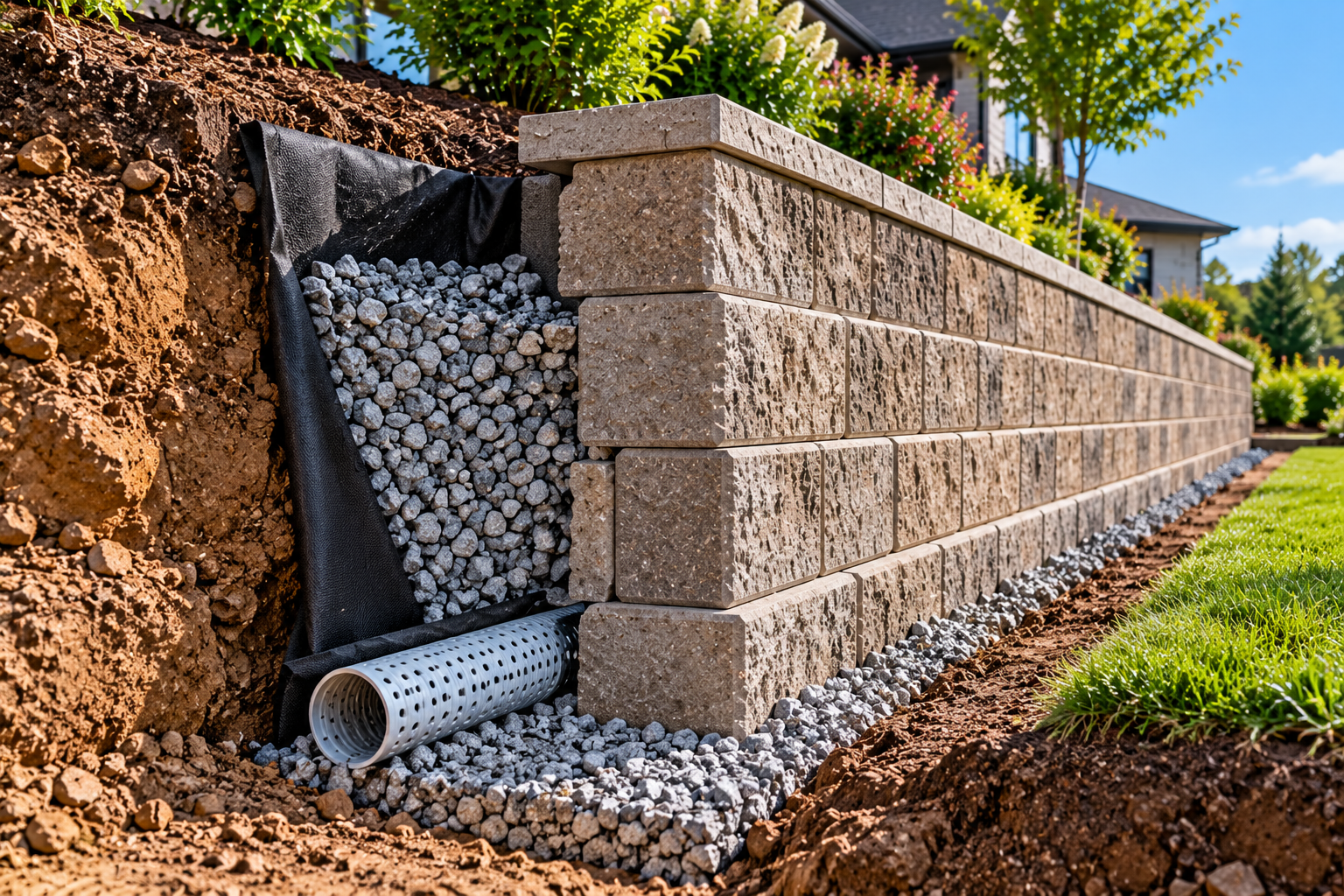 Retaining wall drainage and structural reinforcement installation