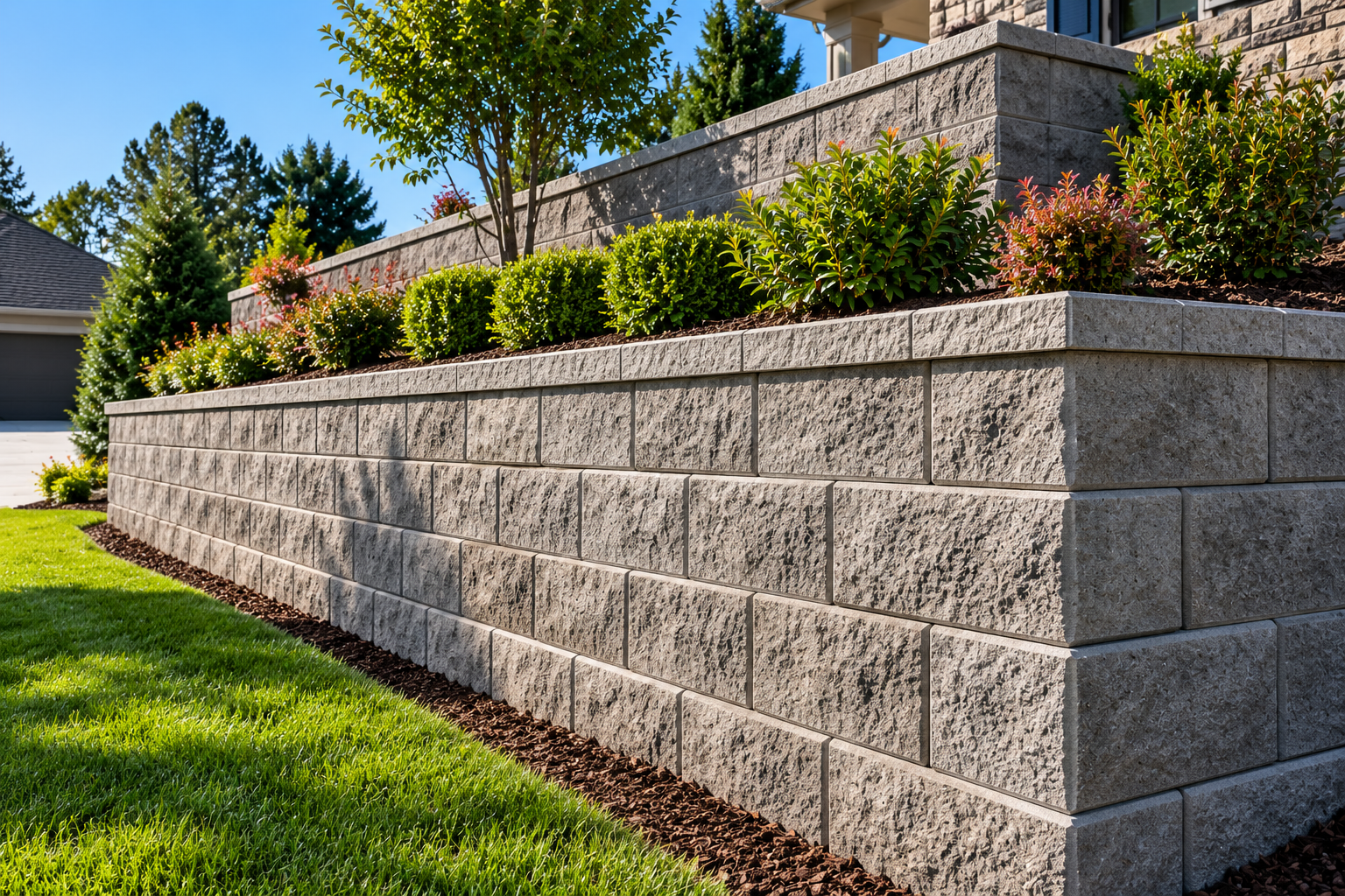 Reinforced concrete block retaining wall construction