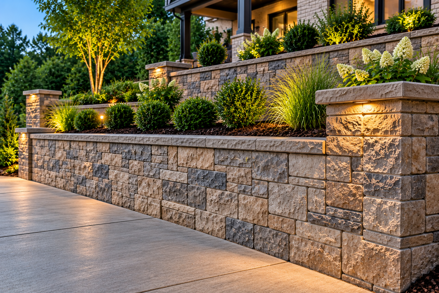 Decorative concrete and stone retaining walls for landscaping